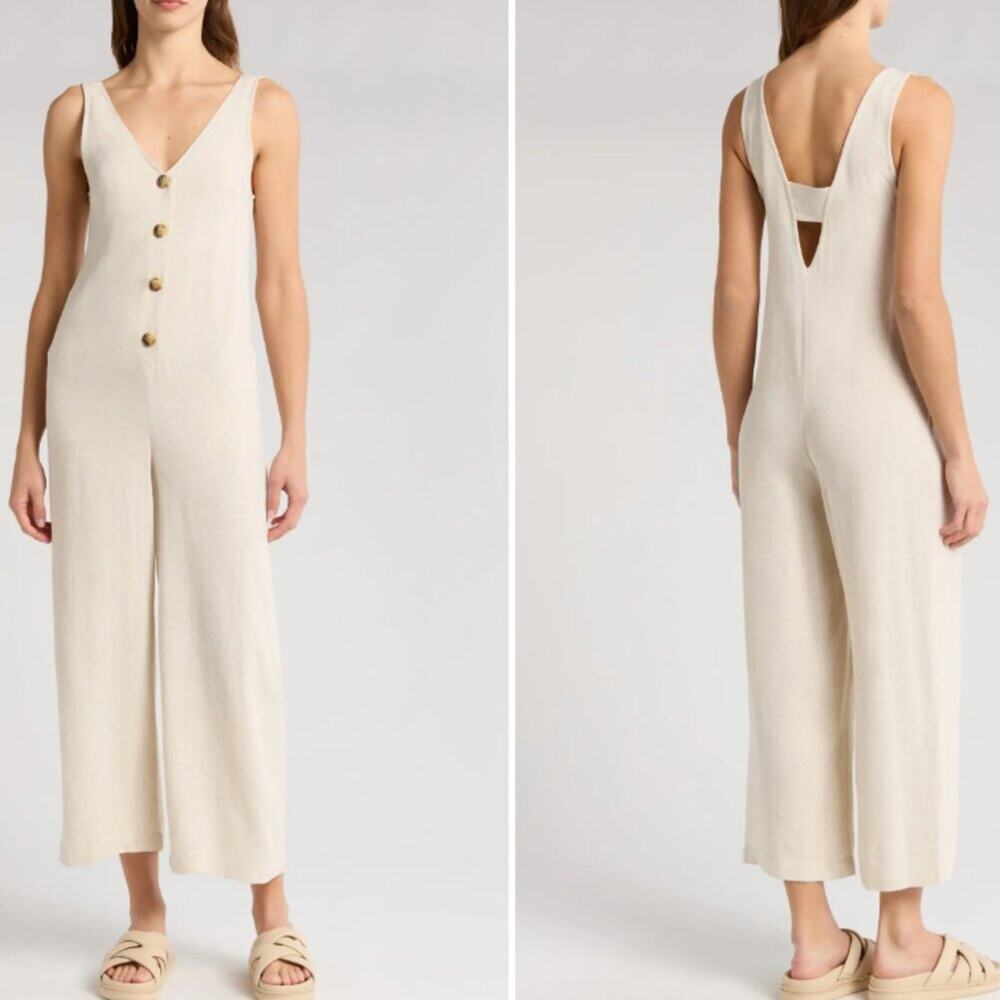 TopShop Button-Up Wide Leg Cotton Jumpsuit Beachy Lounge Picnic Casual - Size S